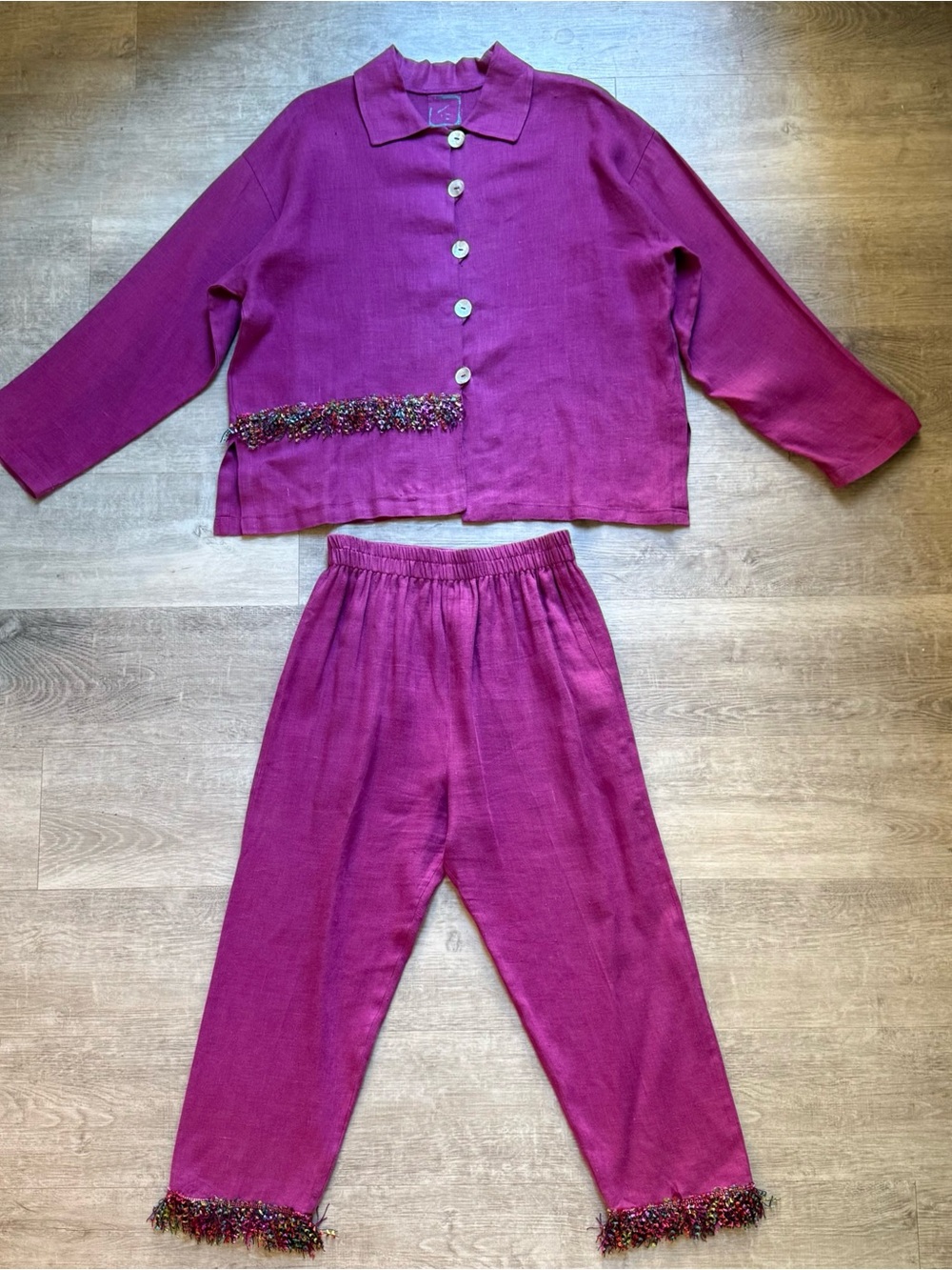 VTG T. Elliot 100% Linen Shirt And Pants Set Size S Colorful Fringe Art To Wear